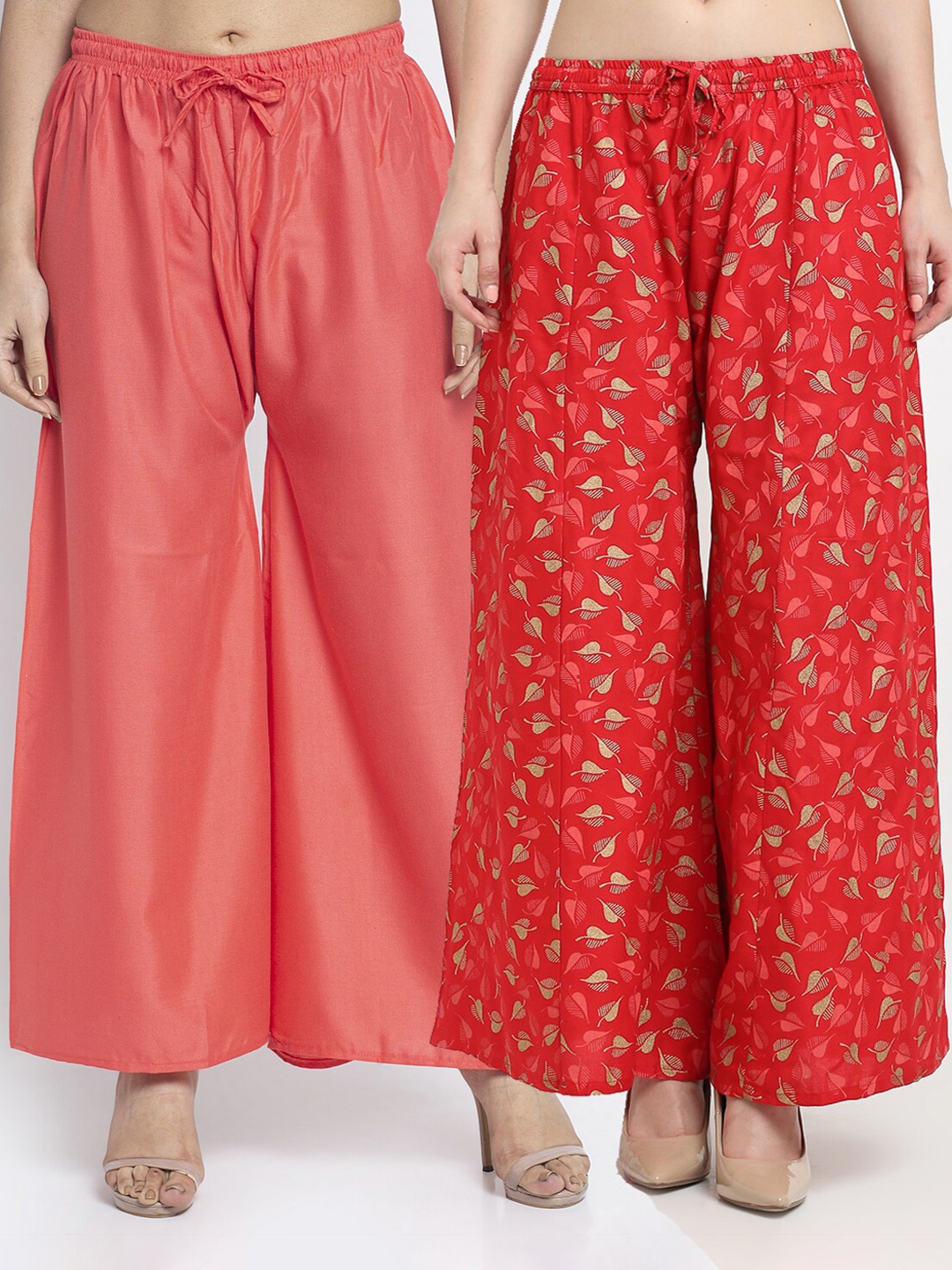 

GRACIT Women Coral & Red Printed & Plain Pack of 2 Palazzos, Orange