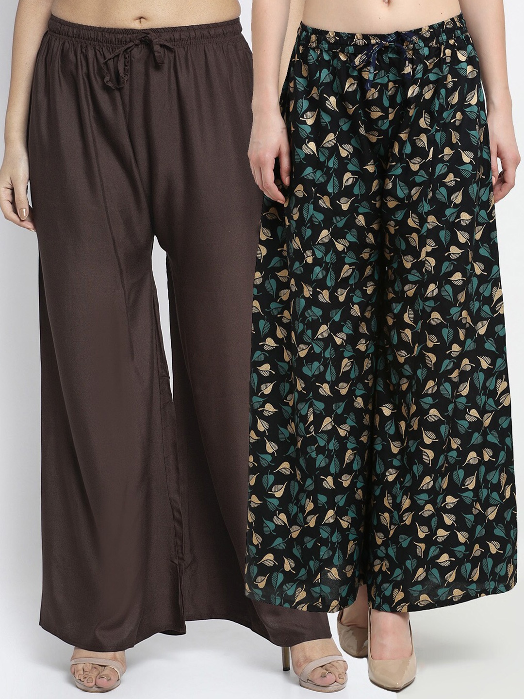 

GRACIT Women Brown & Green Set Of 2 Wide Leg Knitted Palazzos