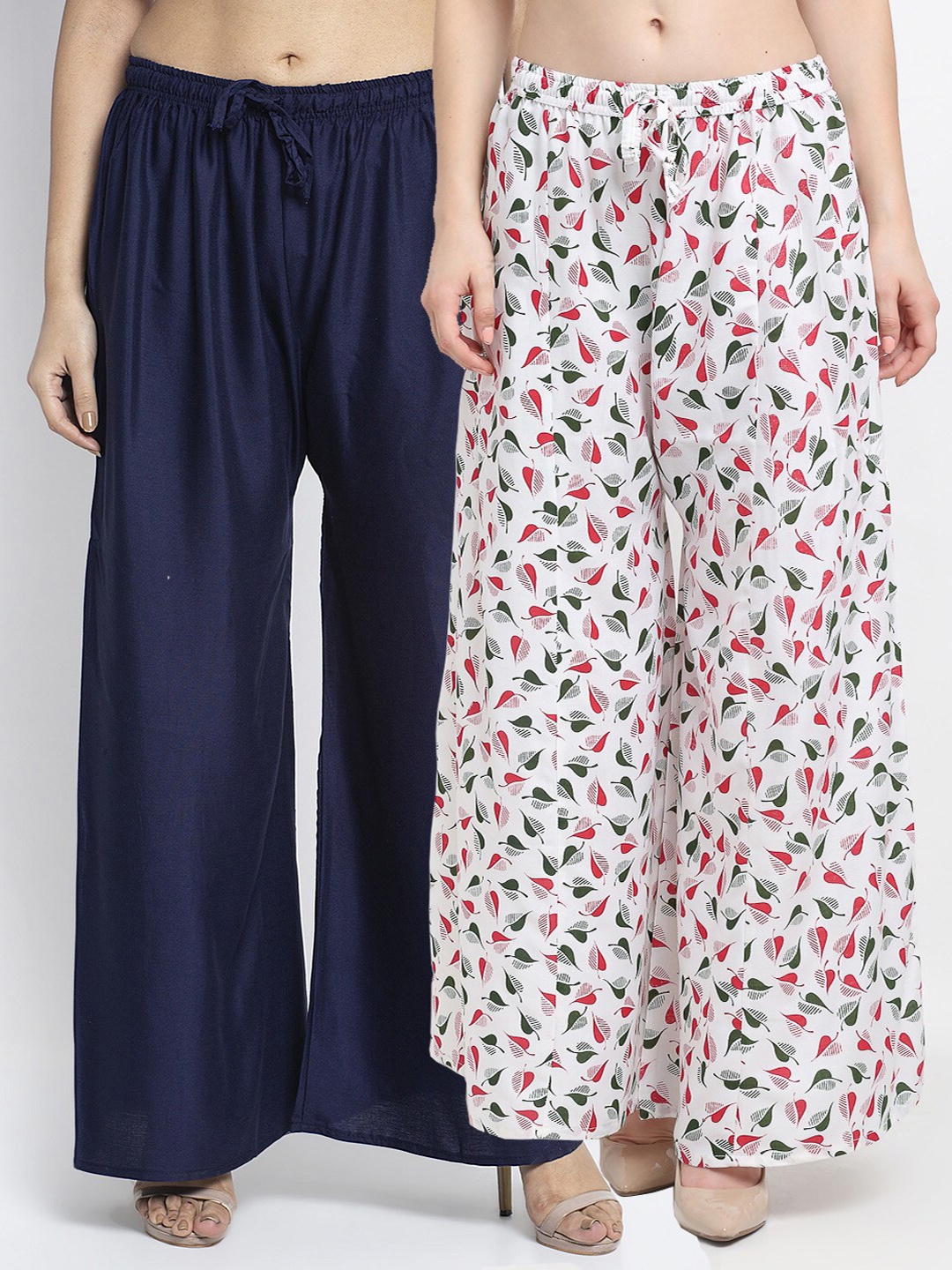 

GRACIT Women Pack Of 2 Navy Blue & White Printed Flared Knitted Ethnic Palazzos