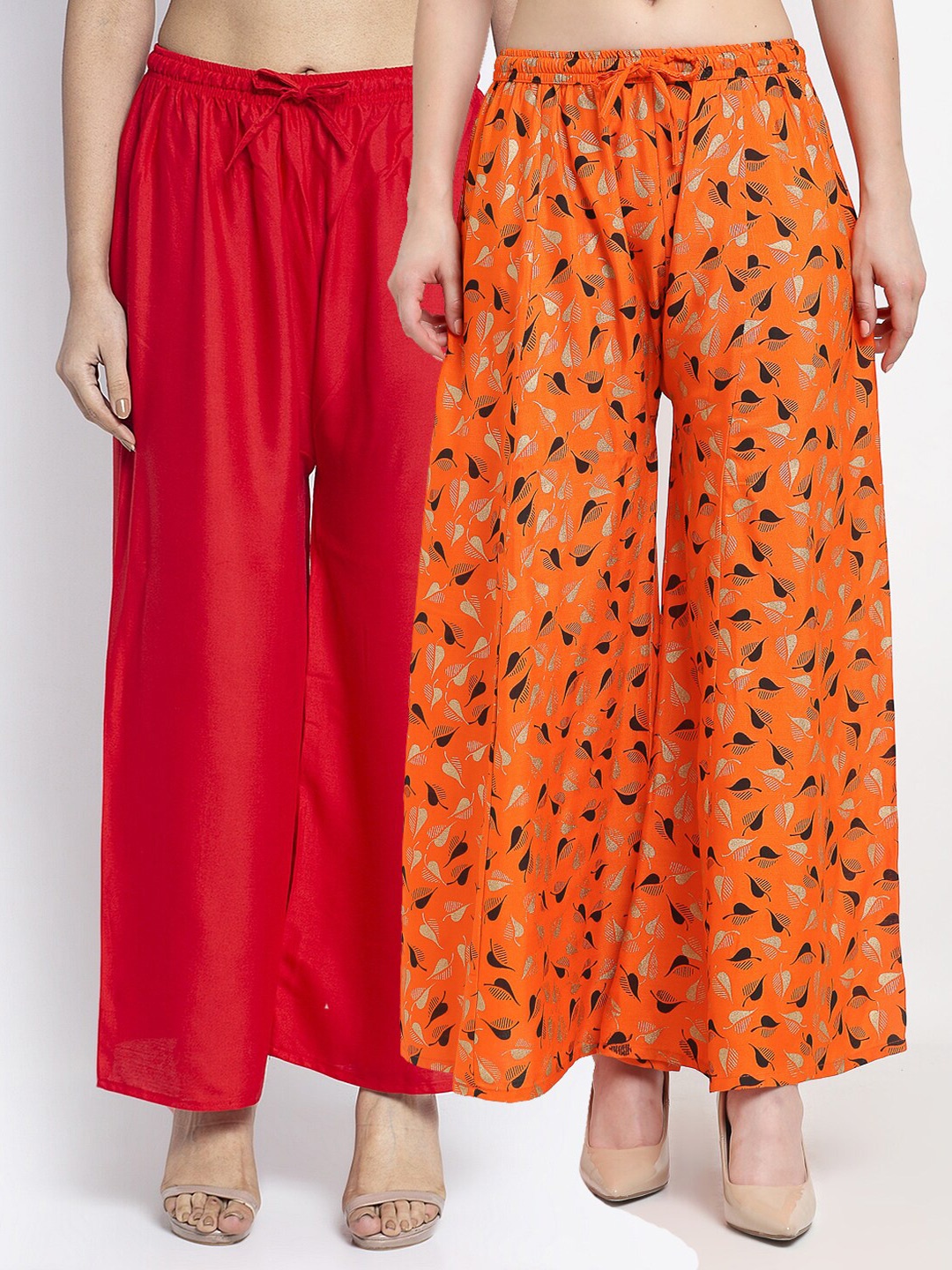 

GRACIT Women Set of 2 Orange & Red Printed Rayon Palazzos