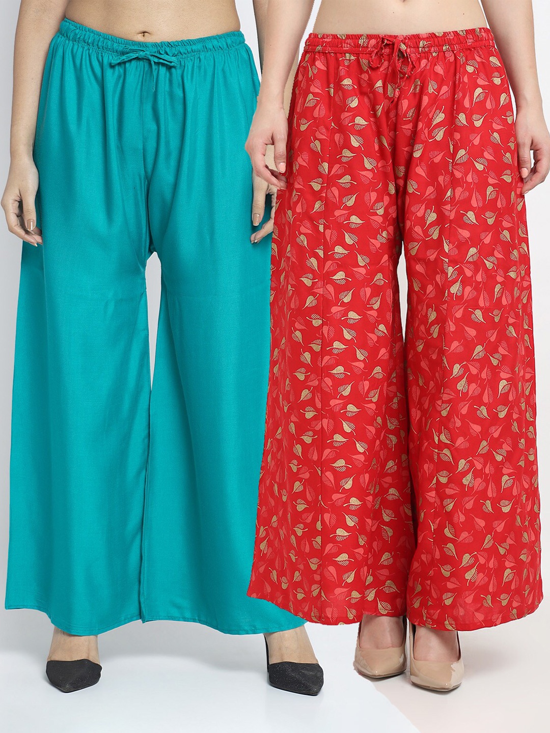 

GRACIT Women Sea Green & Red Set Of 2 Wide Leg Knitted Palazzos