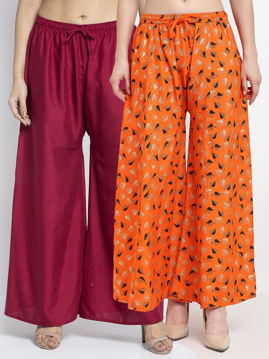 

GRACIT Women Pack Of 2 Maroon & Orange Printed Flared Knitted Ethnic Palazzos