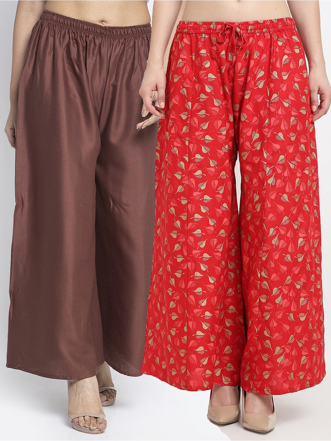 

GRACIT Women Pack Of 2 Brown & Red Printed Flared Knitted Ethnic Palazzos