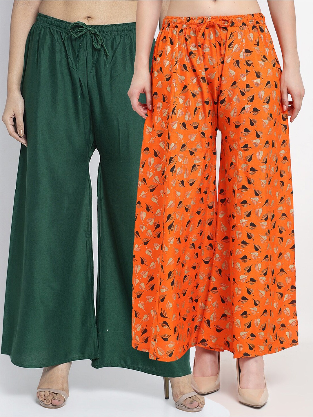 

GRACIT Women Pack Of 2 Orange & Green Printed Flared Palazzos