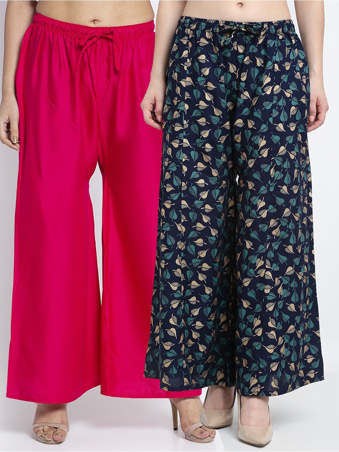 

GRACIT Women Pack of 2 Pink & Navy Blue Floral Printed Flared Palazzos