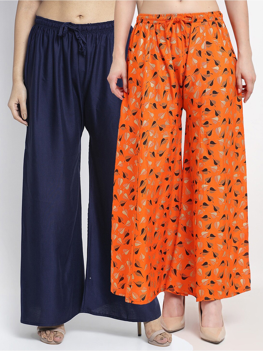 

GRACIT Women Pack of 2 Navy Blue & Orange 2 Floral Printed Flared Palazzos
