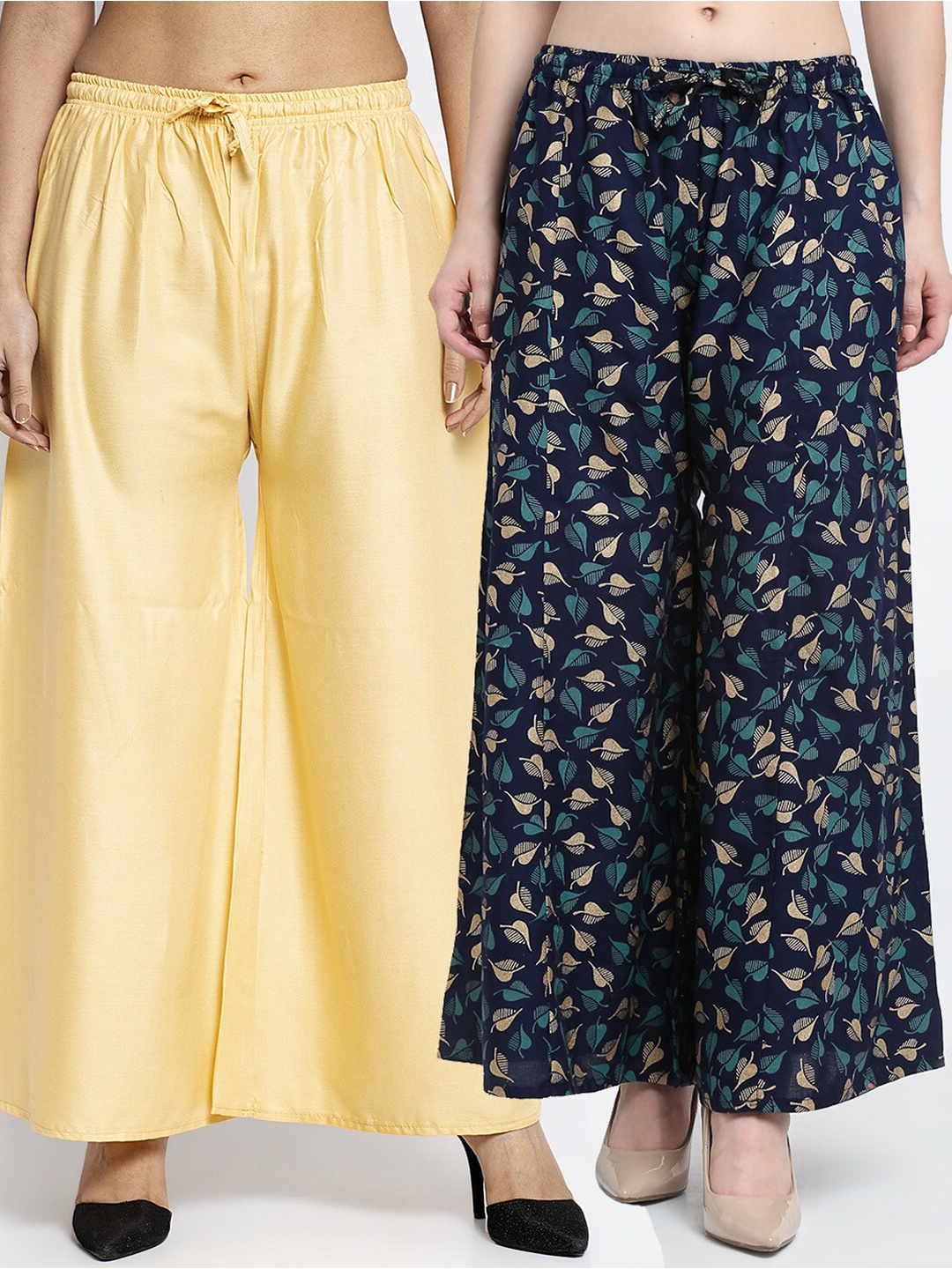 

GRACIT Women Pack Of 2 Beige & Navy Blue Printed Flared Palazzos