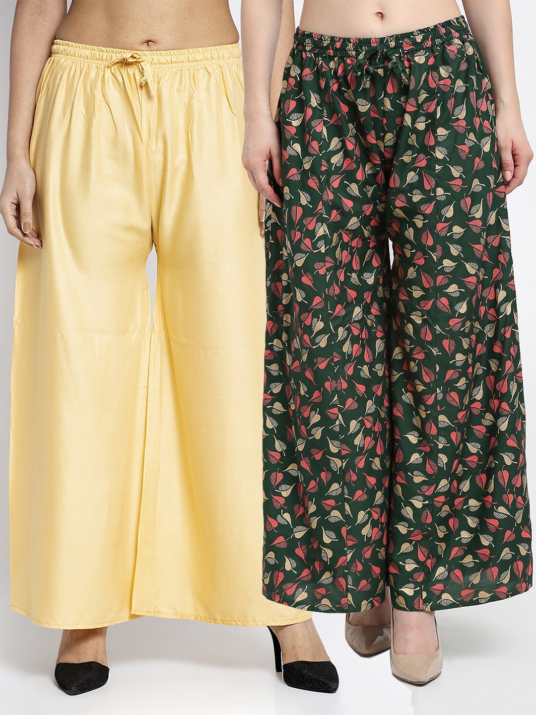 

GRACIT Women Pack Of 2 Beige & Green Printed & Solid Knitted Ethnic Palazzos