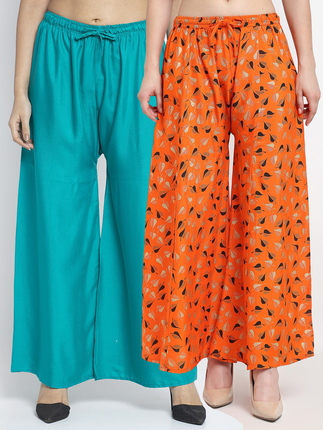 

GRACIT Women Set of 2 Sea Green & Orange Floral Printed Palazzos