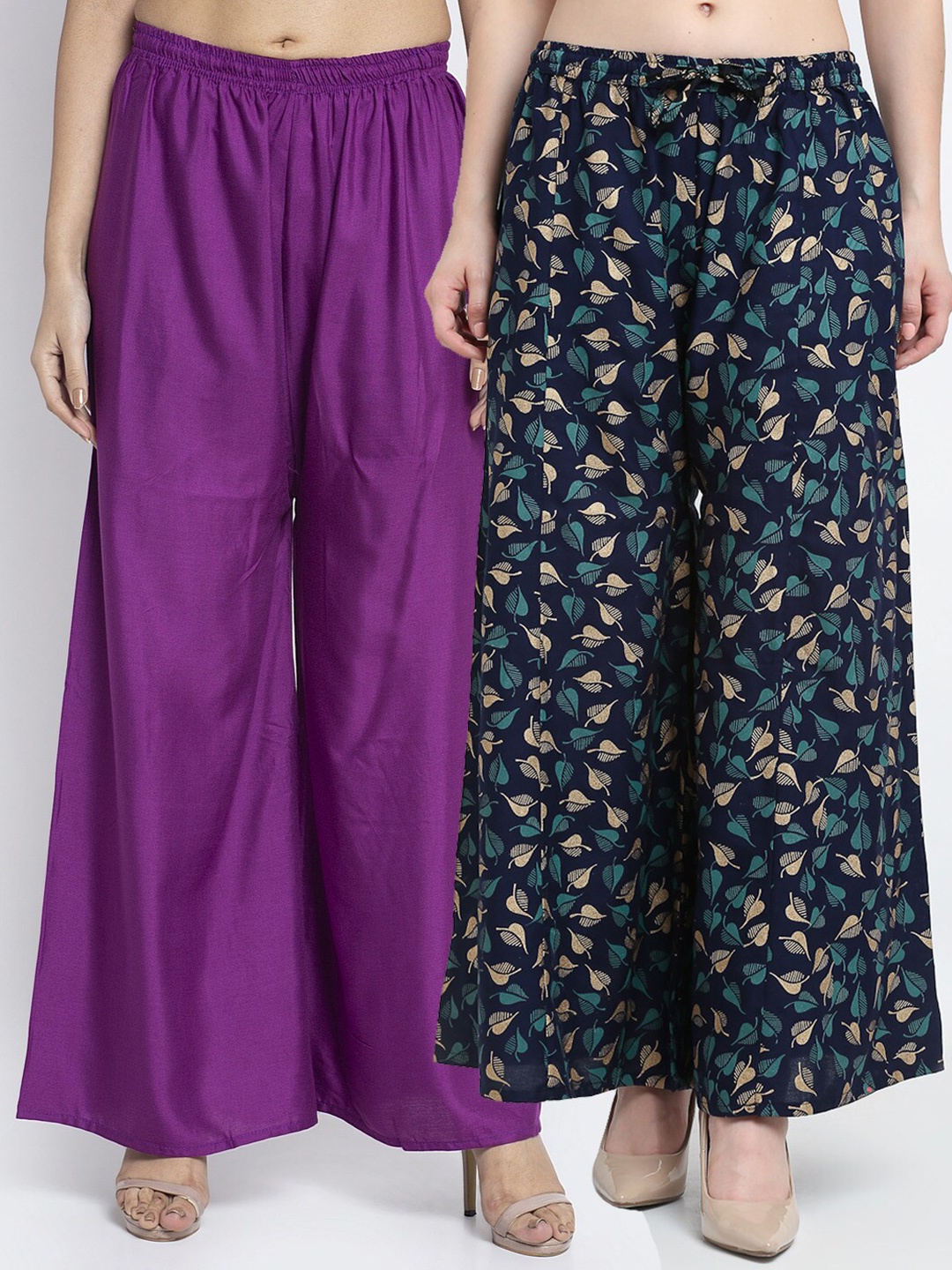 

GRACIT Women Pack Of 2 Purple & Navy Blue Floral Printed Knitted Ethnic Palazzos