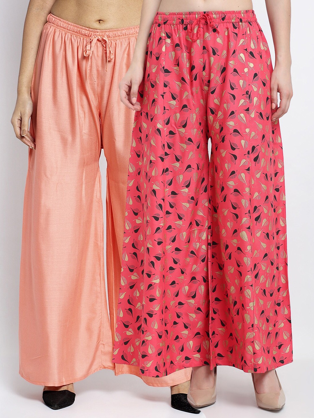 

GRACIT Women Pack Of 2 Peach-Coloured & Pink Printed Flared Knitted Ethnic Palazzos