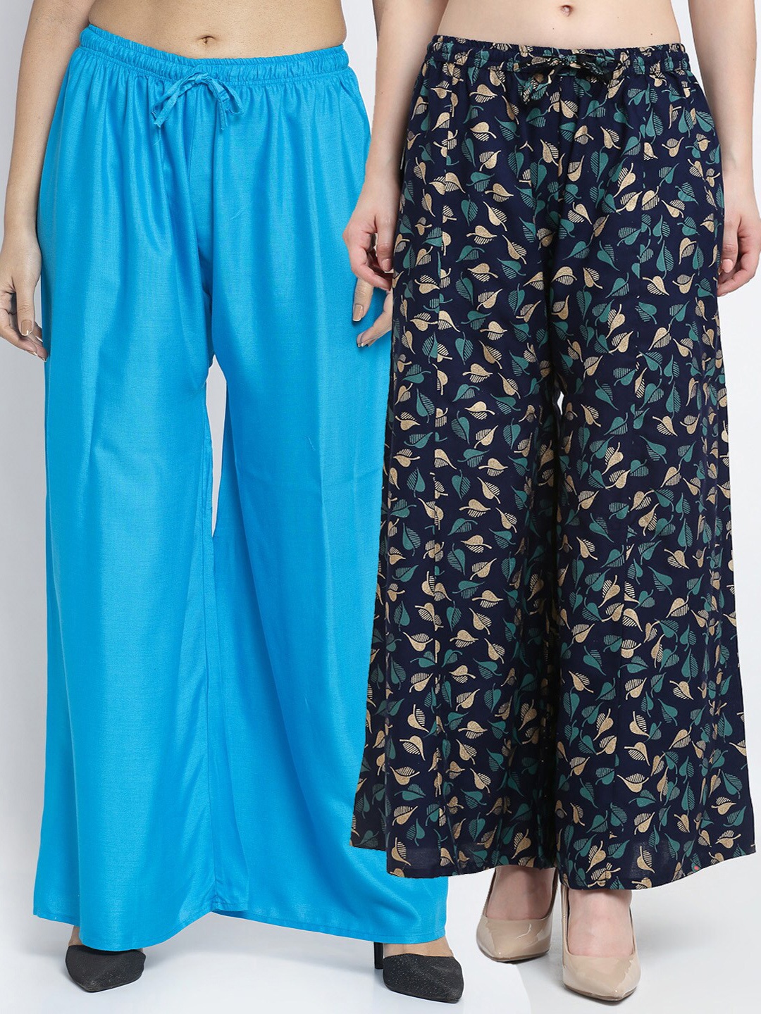 

GRACIT Pack-2 Women Blue & Gold-Toned Floral Printed Knitted Ethnic Palazzos