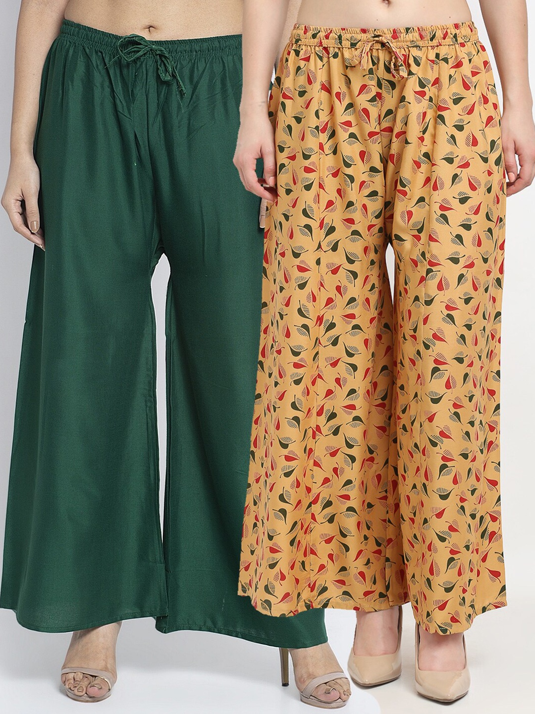 

GRACIT Women Pack of 2 Green & Mustard Yellow Floral Printed Flared Palazzos