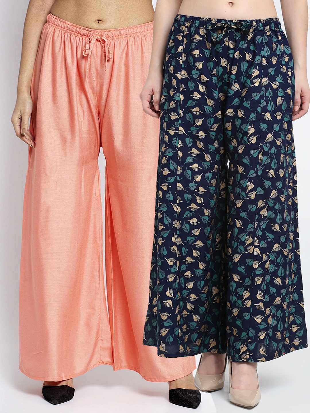 

GRACIT Women Pack of 2 Peach-Coloured & Navy Blue Leaves Printed Ethnic Palazzos