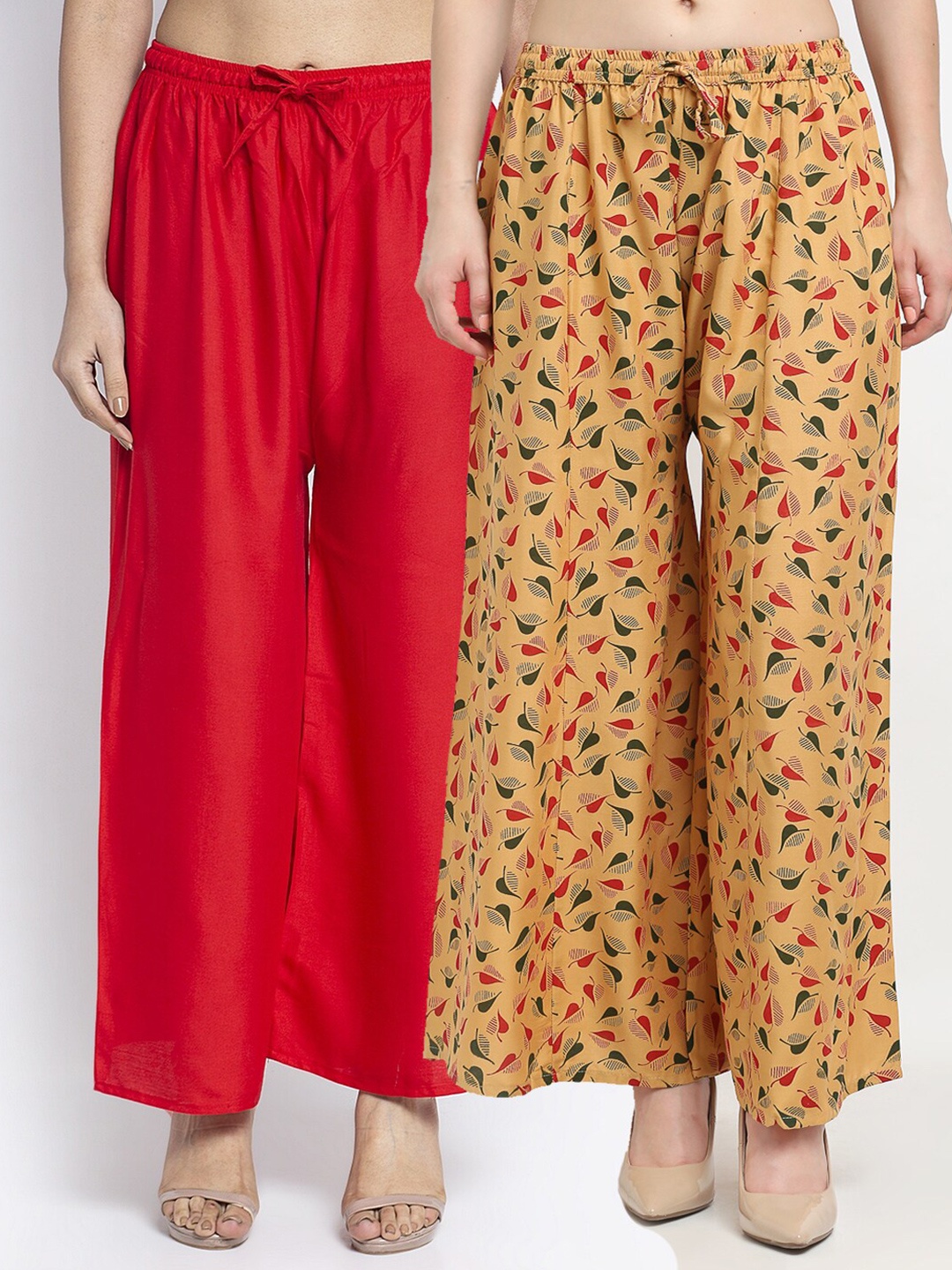 

GRACIT Women Pack of 2 Red & Mustard Yellow 2 Floral Printed Flared Palazzos