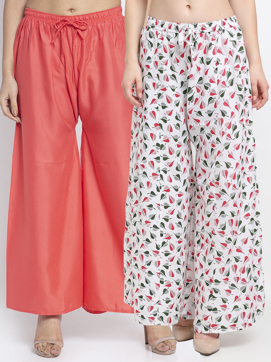 

GRACIT Women Orange & White 2 Floral Printed Knitted Ethnic Palazzos