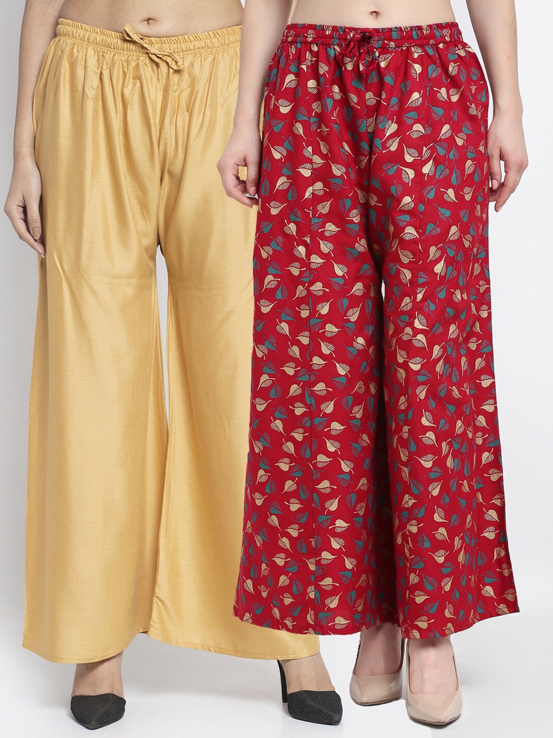 

GRACIT Women Pack of 2 Printed Knitted Palazzos, Beige