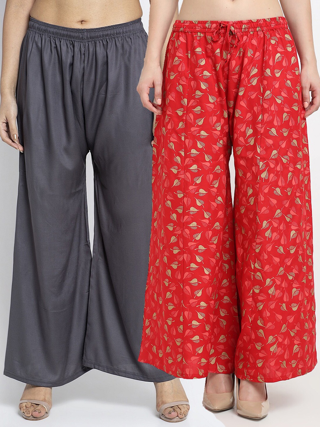 

GRACIT Women Grey & Red Printed & Plain Pack of 2 Palazzos