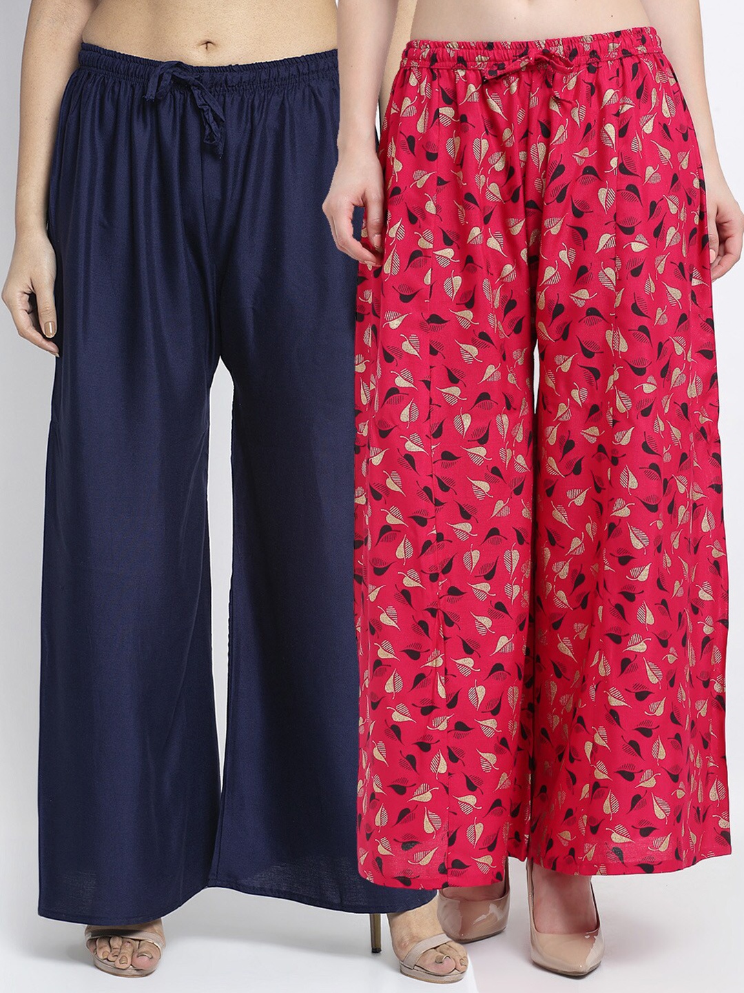 

GRACIT Women Navy Blue & Pink Pack of 2 Printed Flared Knitted Ethnic Palazzos