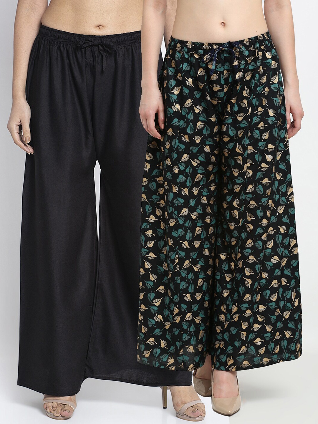 

GRACIT Women Pack Of 2 Black & Navy Blue Floral Printed Knitted Ethnic Palazzos