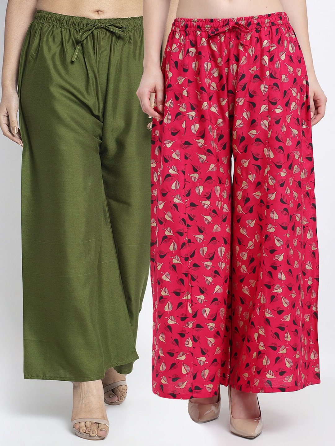 

GRACIT Women Pack Of 2 Green & Red Floral Printed & Solid Flared Knitted Ethnic Palazzos