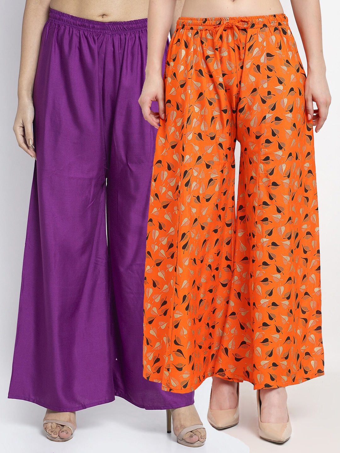 

GRACIT Women Set of 2 Purple & Orange Floral Printed Knitted Ethnic Palazzos