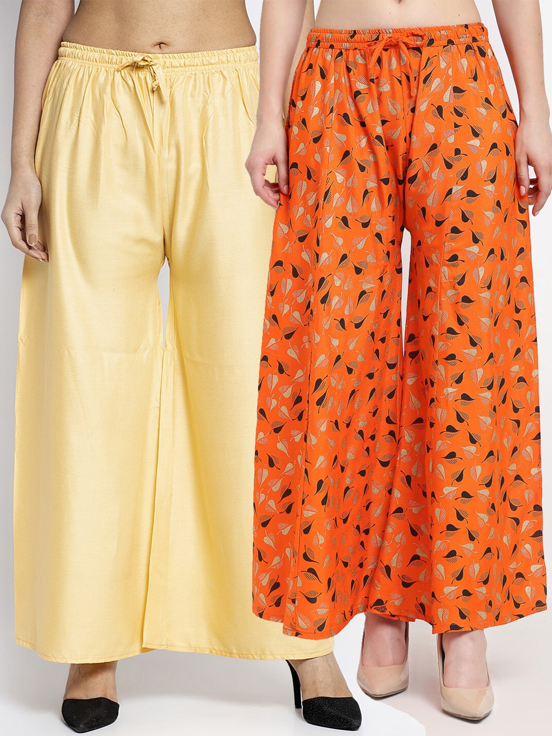 

GRACIT Women Pack Of 2 Beige & Orange Floral Printed Flared Knitted Ethnic Palazzos