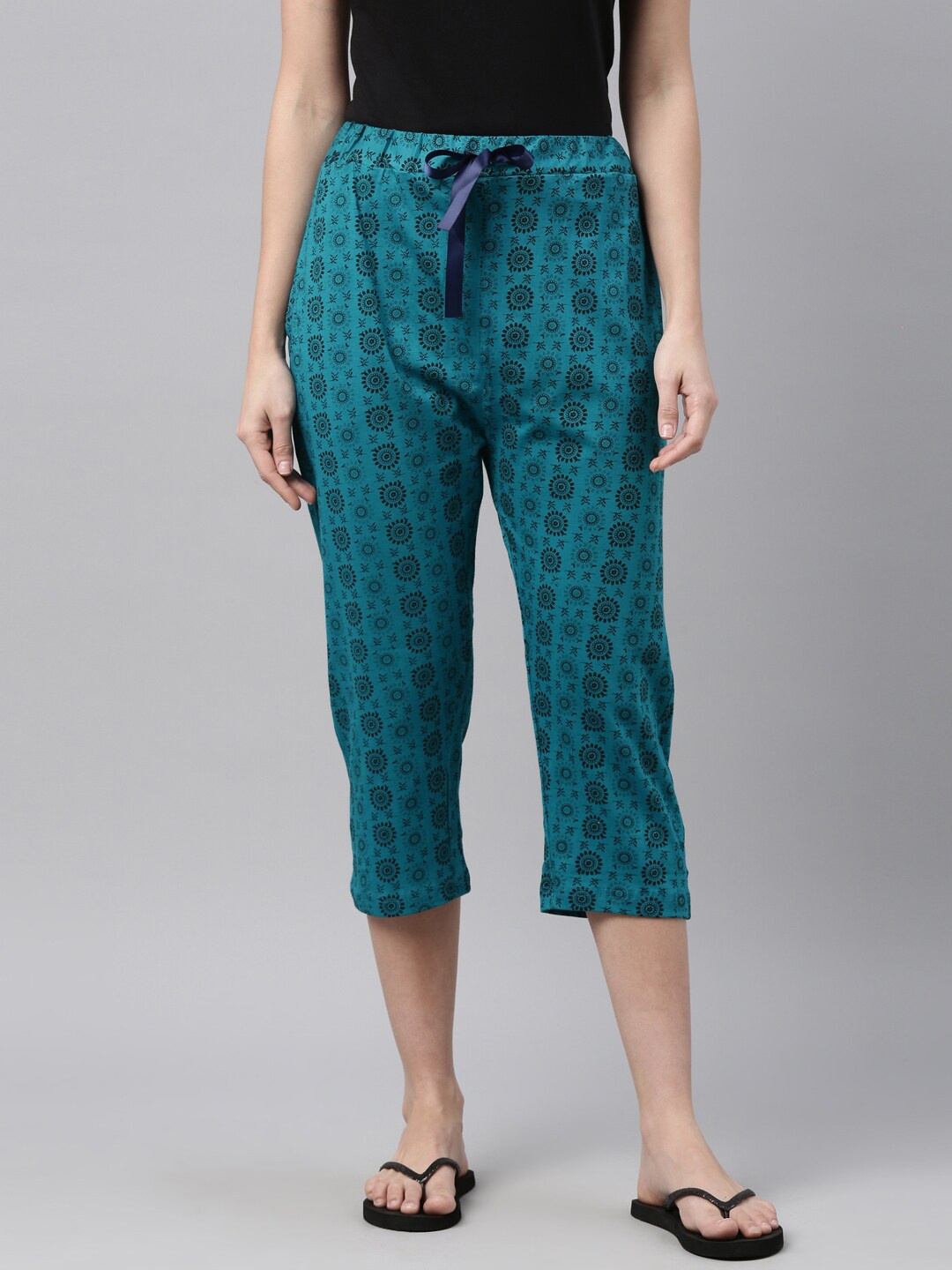 

Enviously Young Women Teal Green & Black Ethnic Motifs Printed Pure Cotton Capris