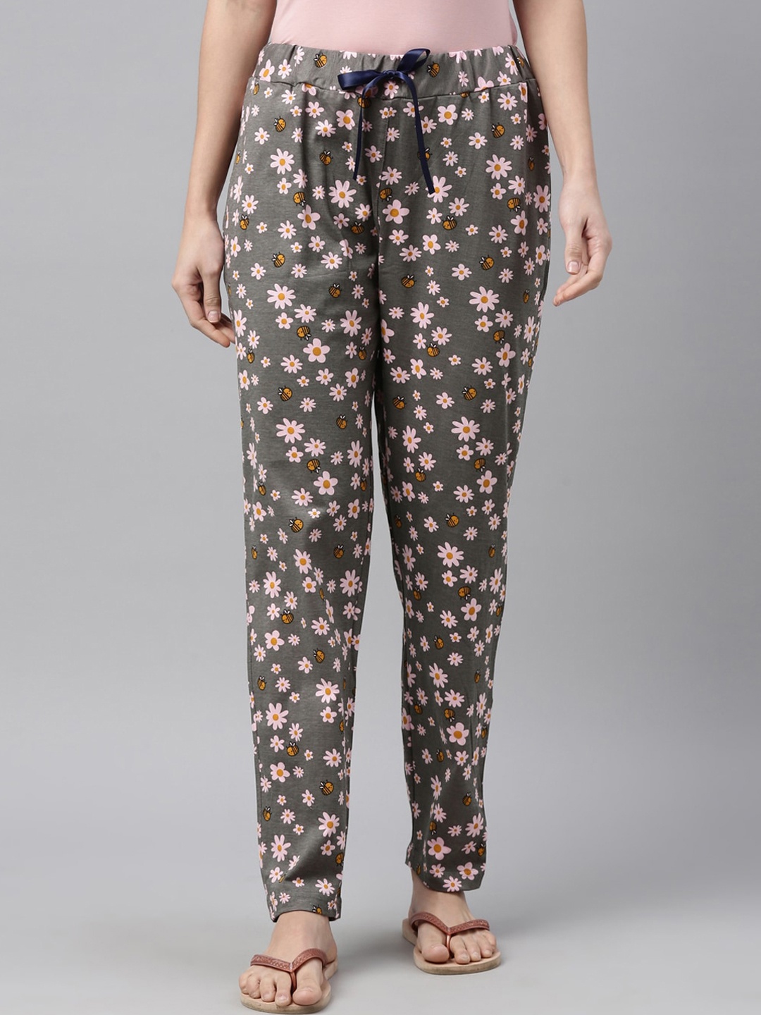

Enviously Young Women Grey & Pink Printed Pure Cotton Lounge Pants