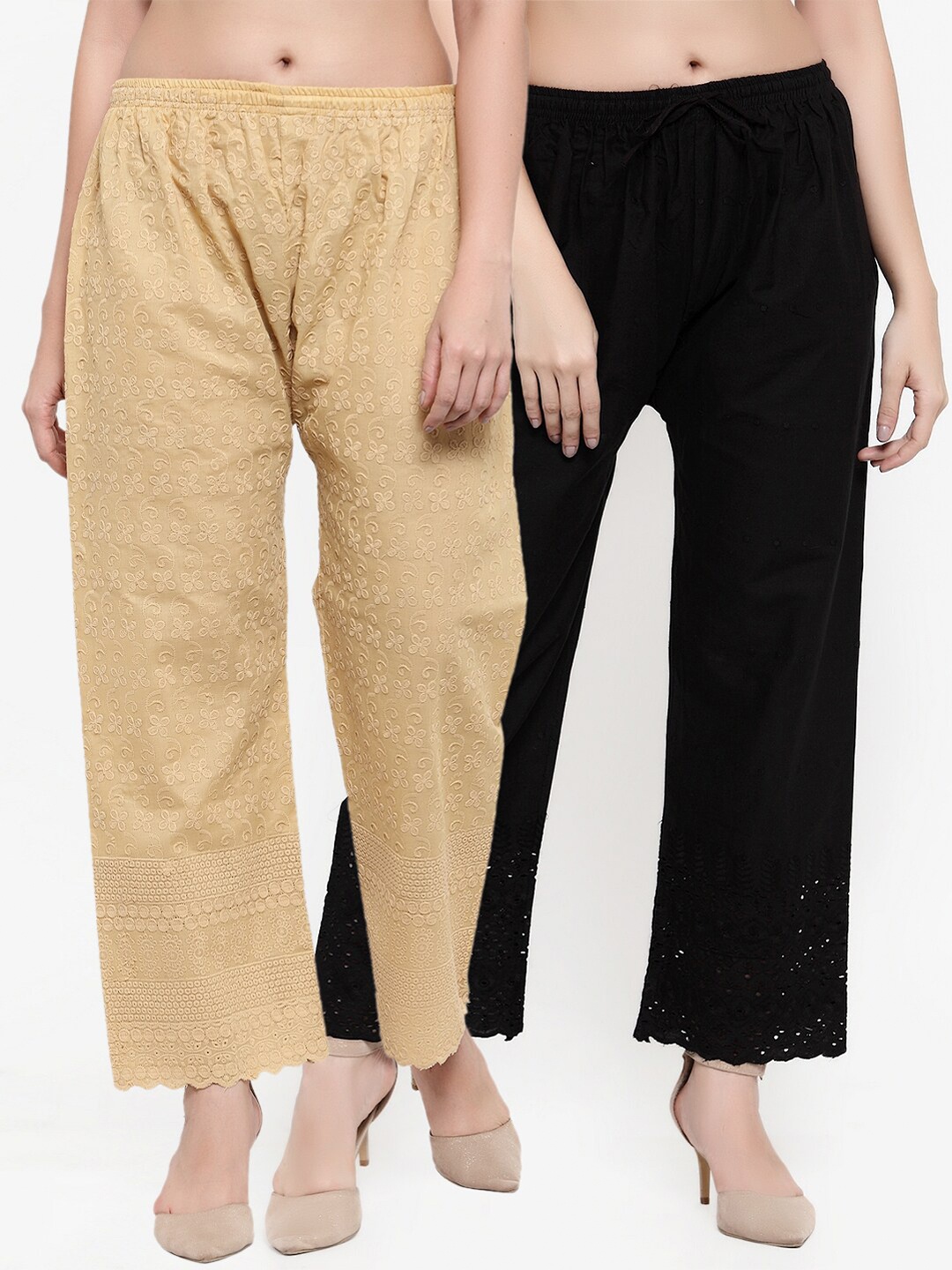 

Miaz Lifestyle Pack of 2 Beige & Black Embroidered Palazzos