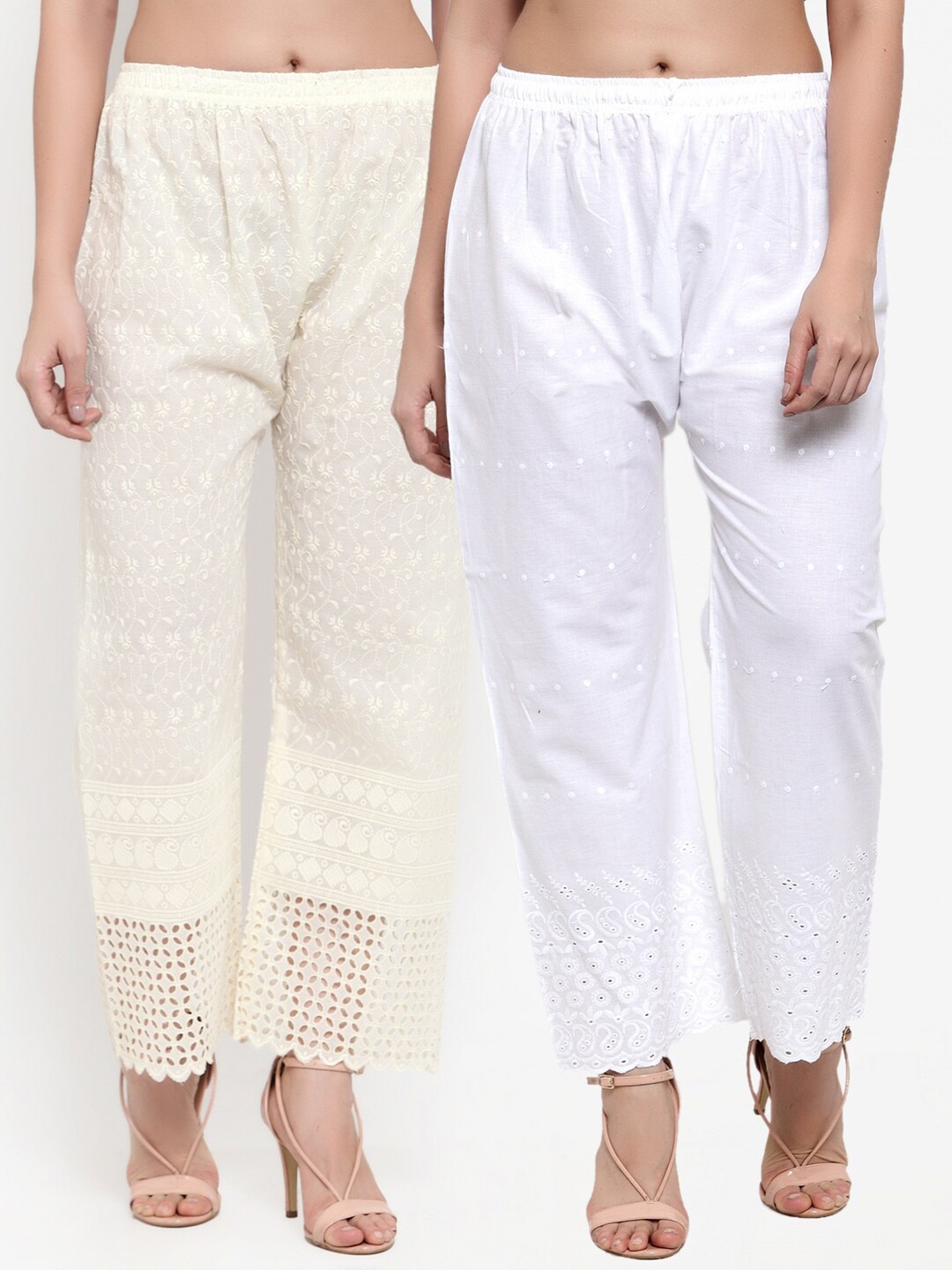 

Miaz Lifestyle Women Pack Of 2 White & Cream Embroidered Pure Cotton Straight Palazzos