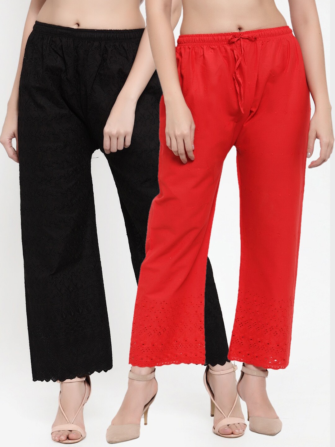 

Miaz Lifestyle Women Pack of 2 Red & Black Schiffli Embroidered Palazzos