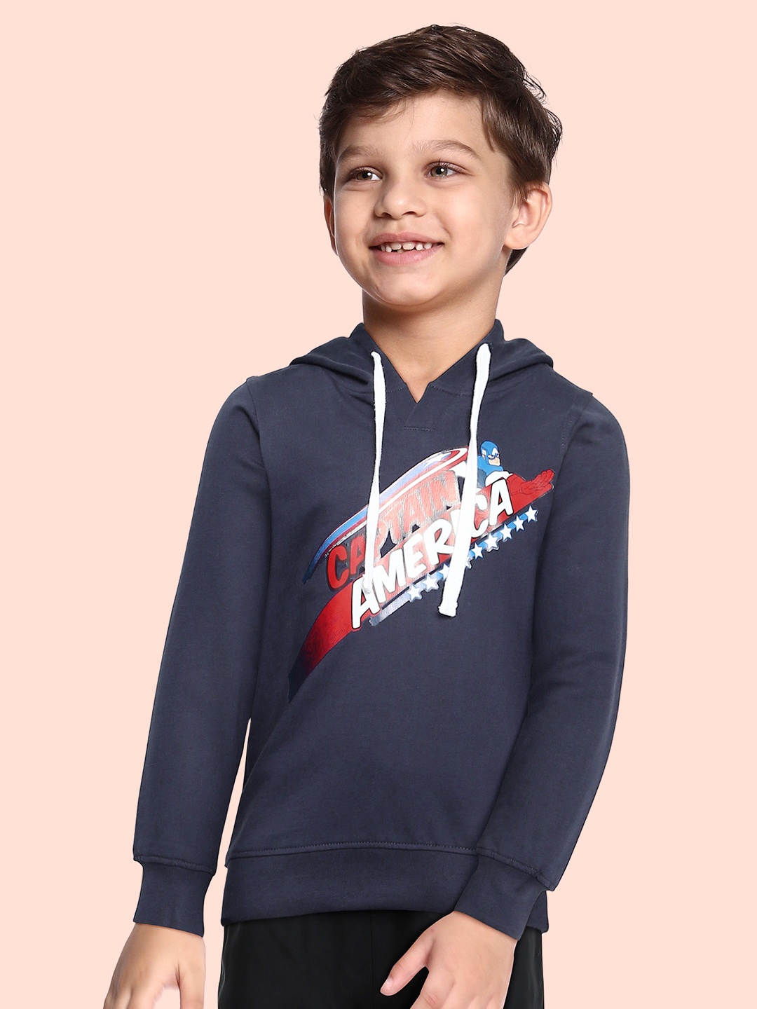 

Marvel by Miss and Chief Boys Navy Blue Printed Hooded Pure Cotton Sweatshirt