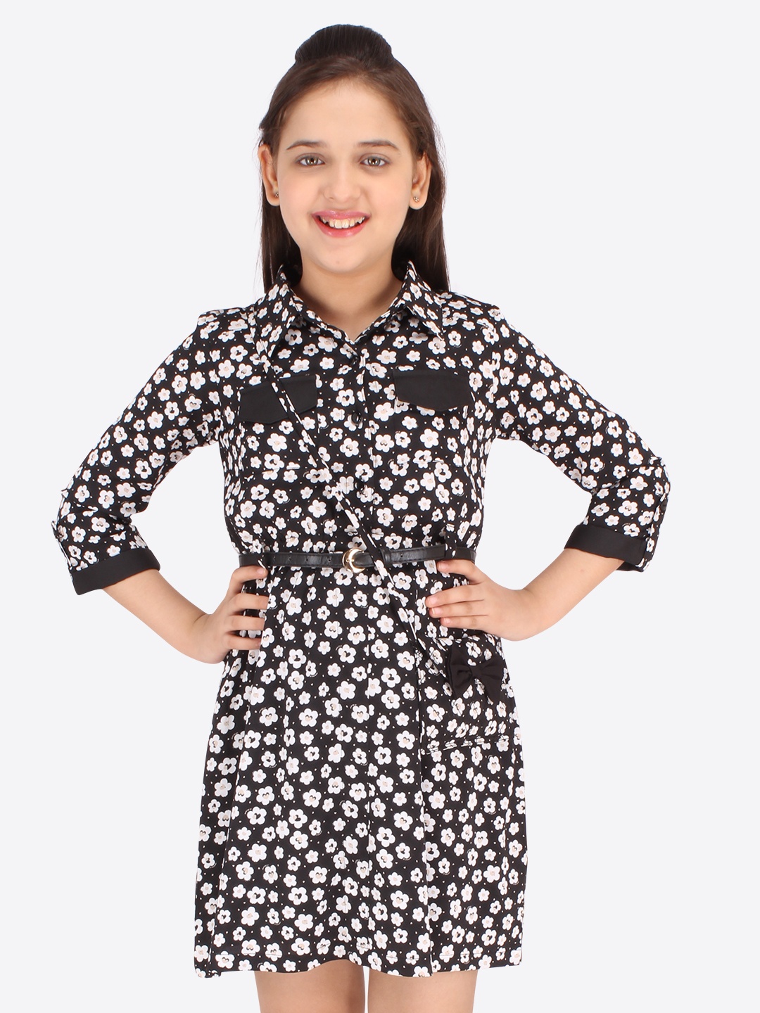 

CUTECUMBER Girls Black & White Floral Shirt Dress
