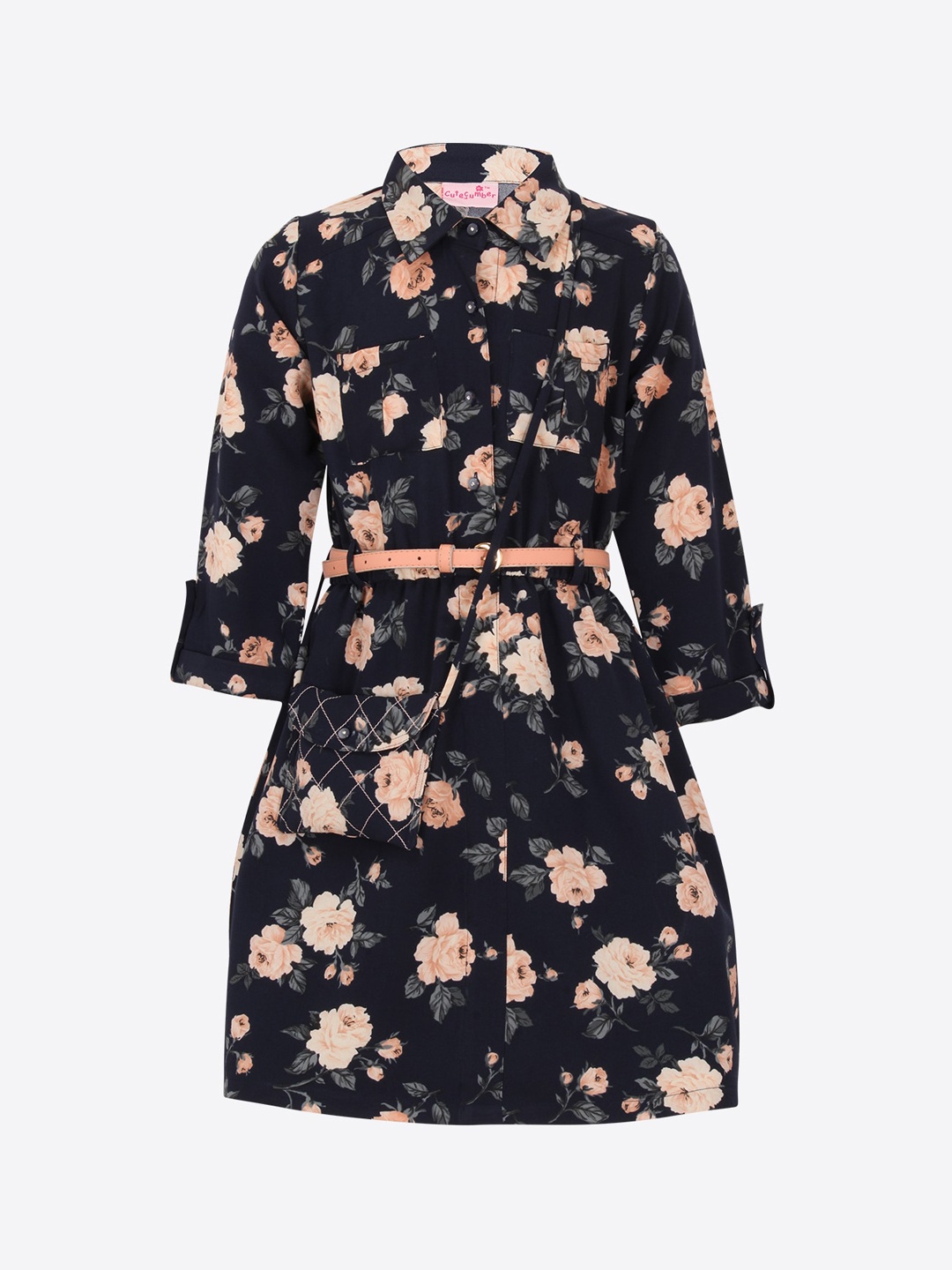 

CUTECUMBER Girls Navy Blue & Peach-Coloured Floral Shirt Dress