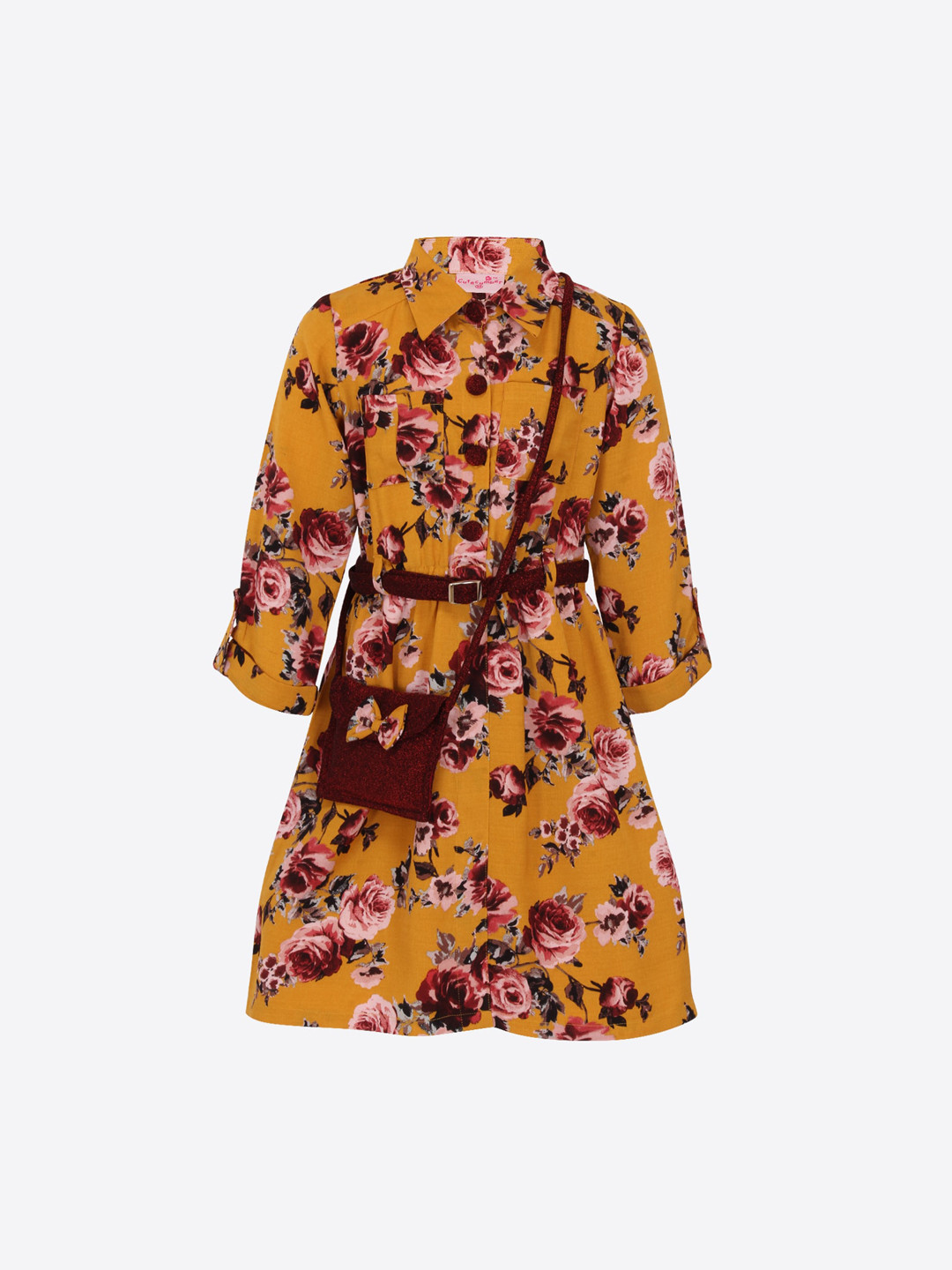 

CUTECUMBER Girls Mustard Yellow Floral Shirt Dress