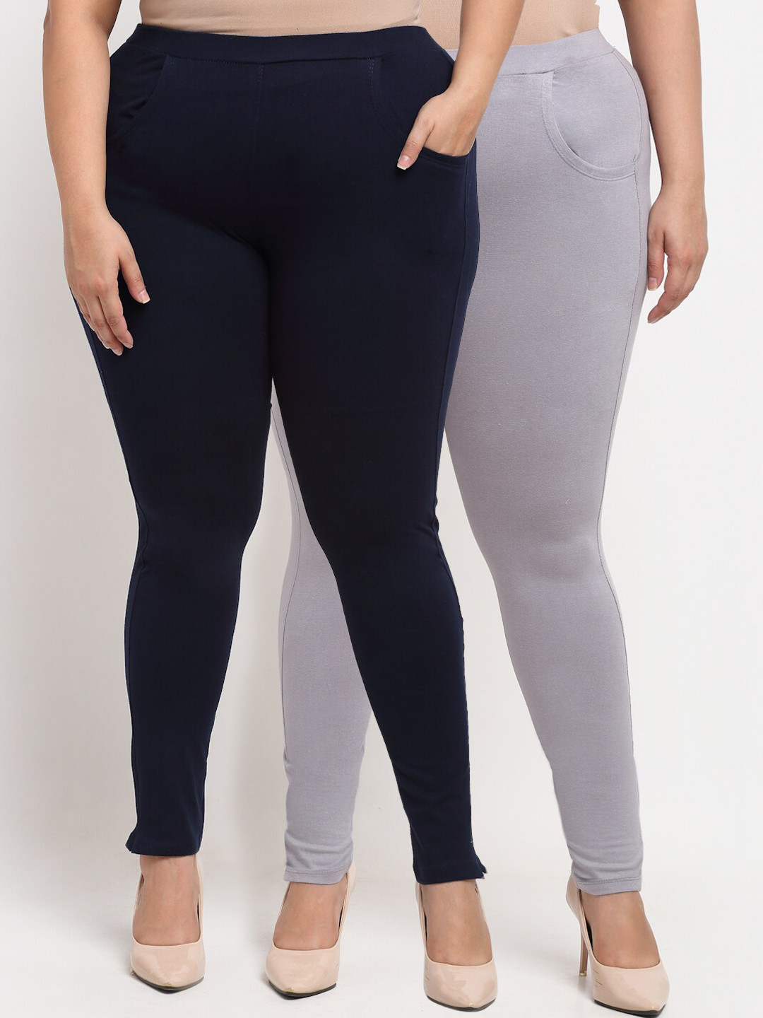 

TAG 7 PLUS Pack of 2 Plus Size Women Grey & Navy Blue Leggings