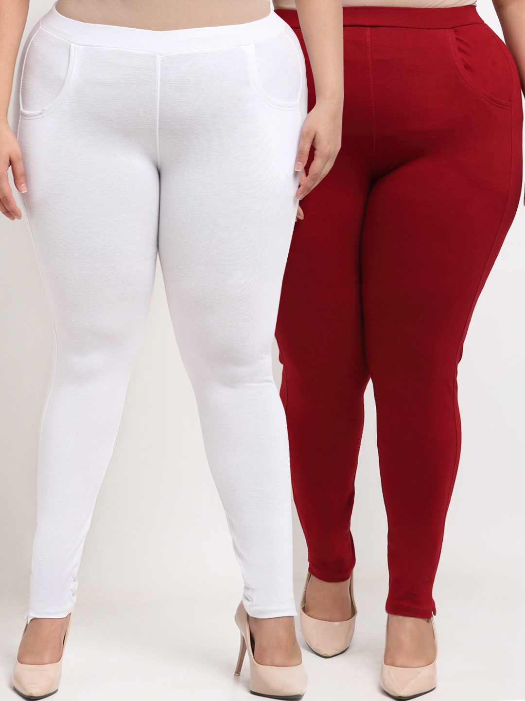 

TAG 7 PLUS Women White & Maroon Set of 2 Plus Size Leggings