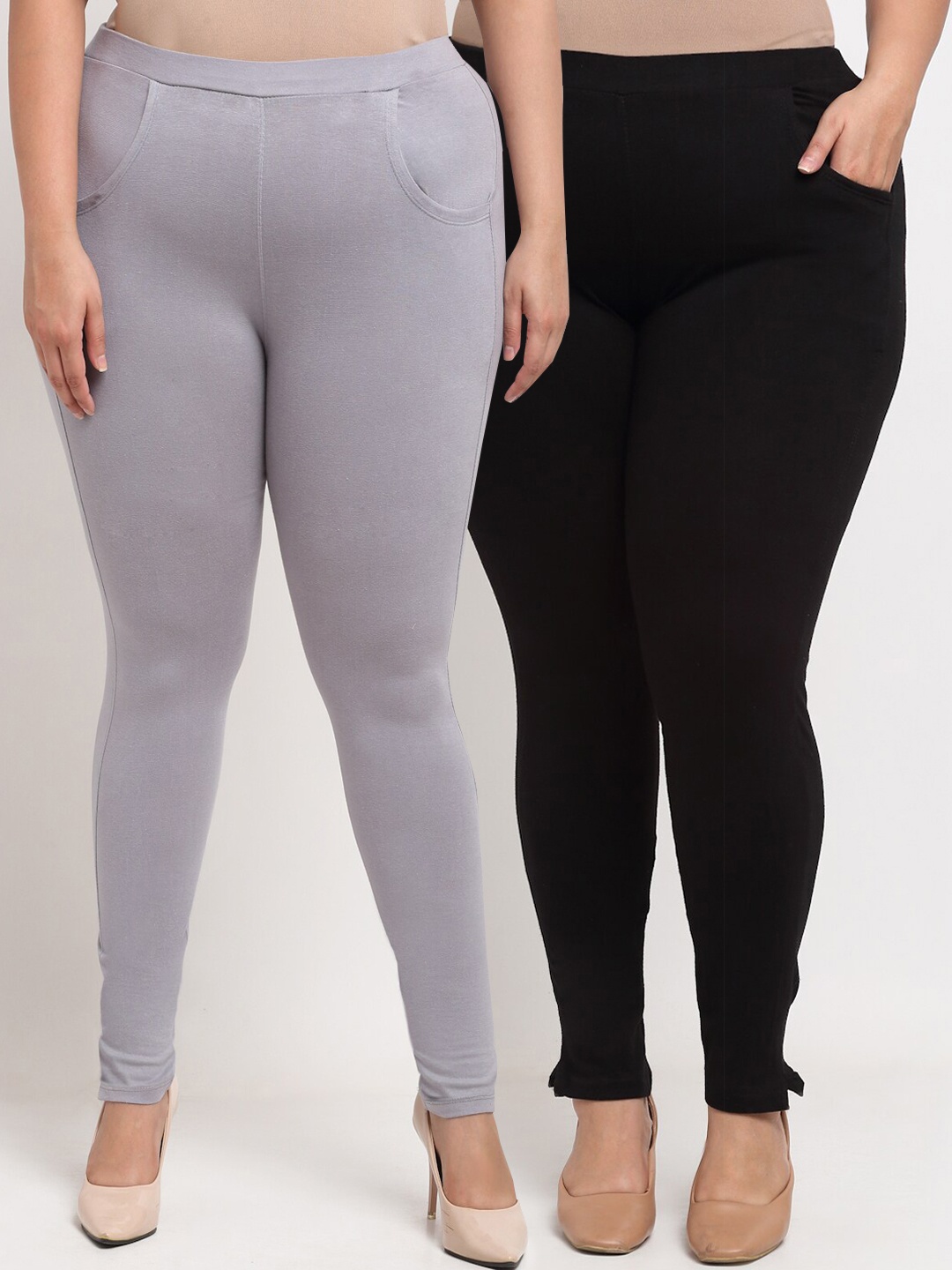

TAG 7 PLUS Women Grey & Black Set of 2 Plus Size Leggings