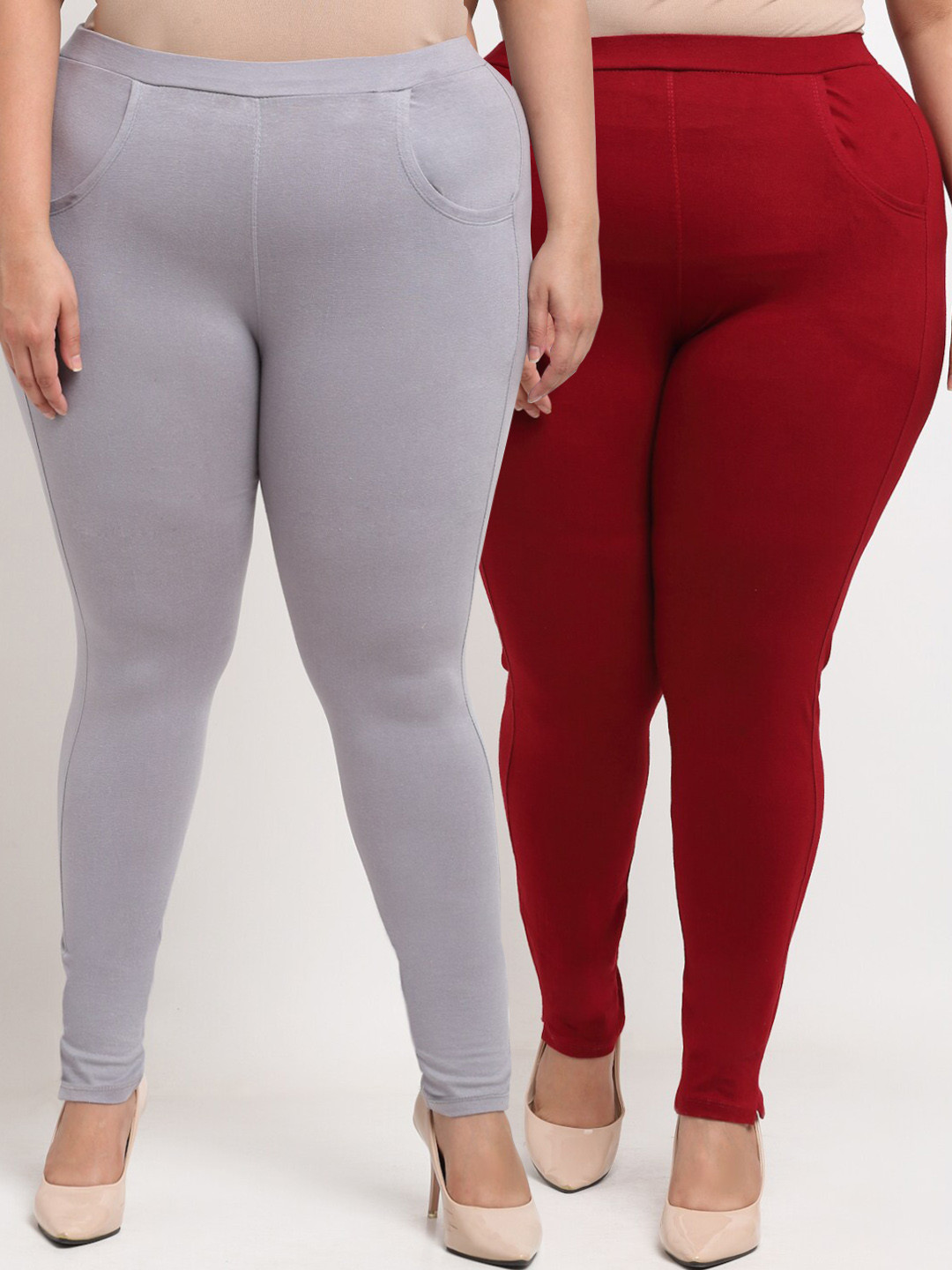 

TAG 7 PLUS Women Grey & Maroon Set of 2 Plus Size Leggings