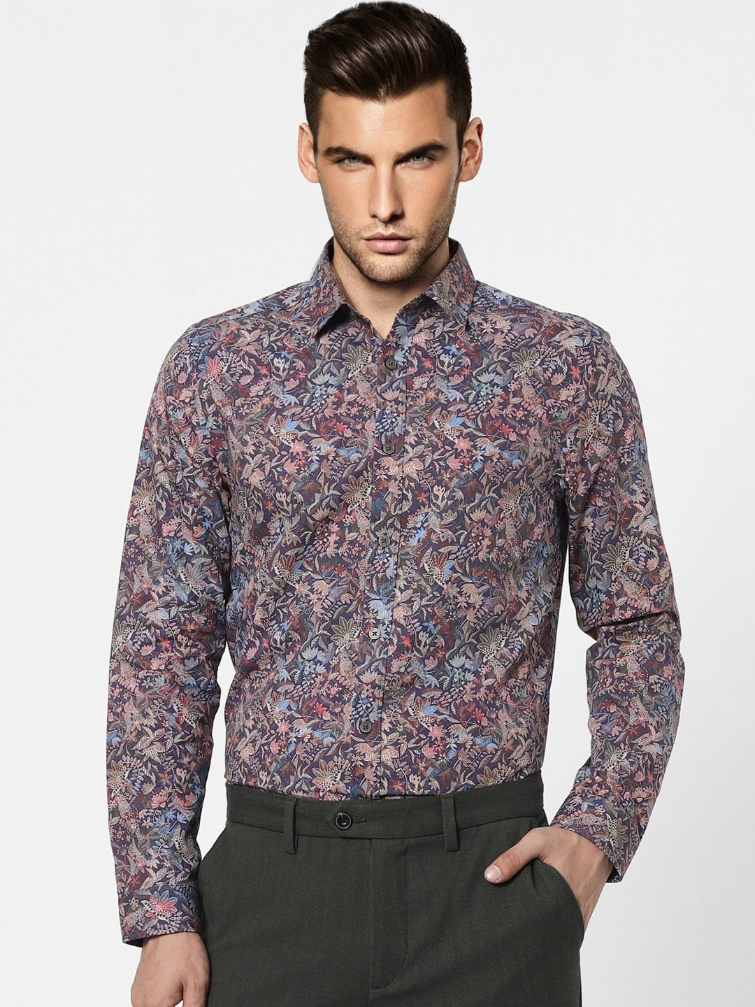 

Jack & Jones Men Navy Blue Slim Fit Opaque Printed Cotton Formal Shirt