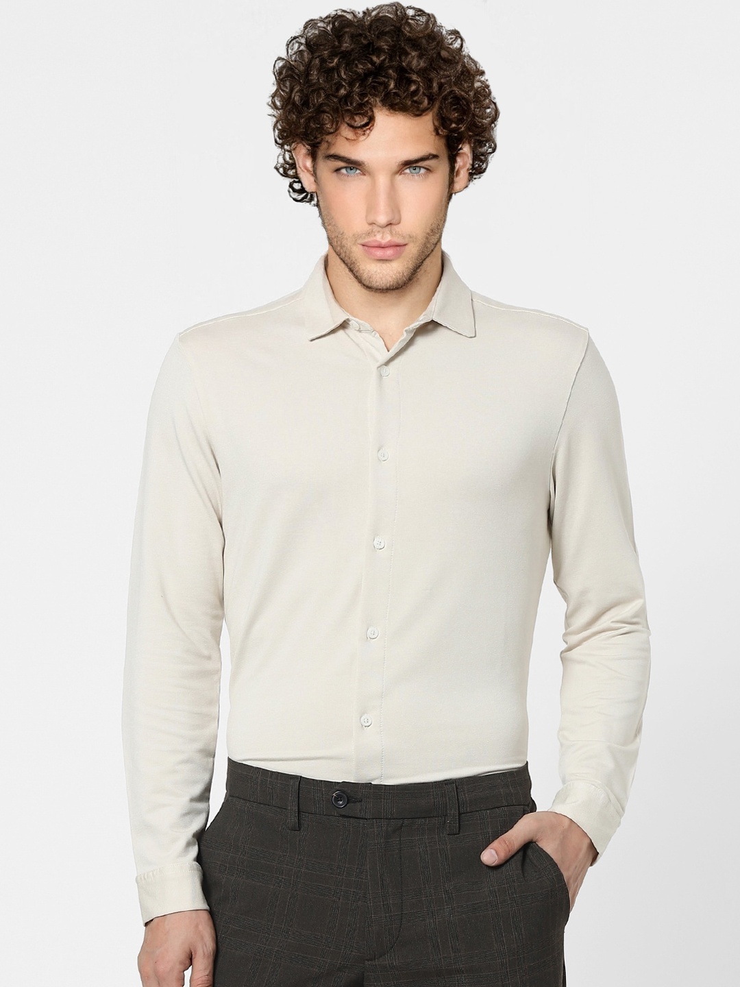 

Jack & Jones Men Beige Slim Fit Opaque Casual Shirt