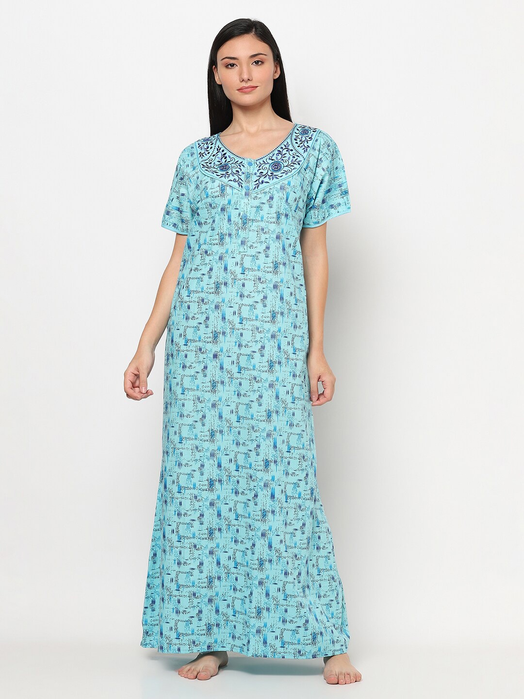 

TRUNDZ Blue Printed Maxi Nightdress