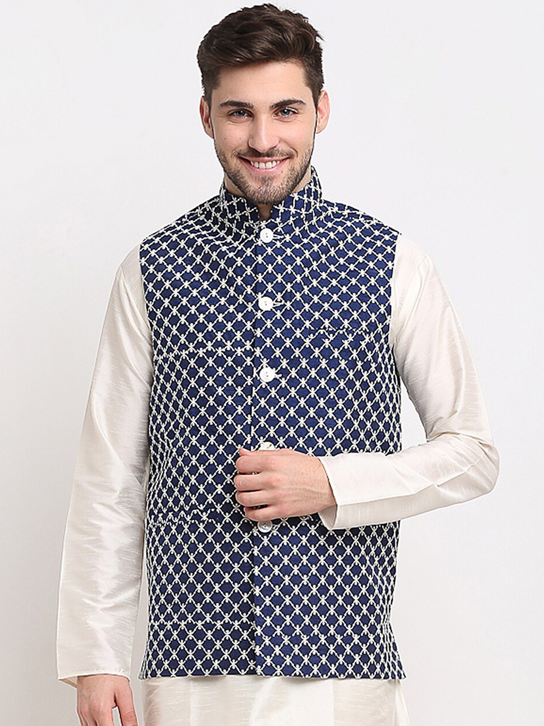 

Jompers Men Navy Blue Embroidered Waistcoat