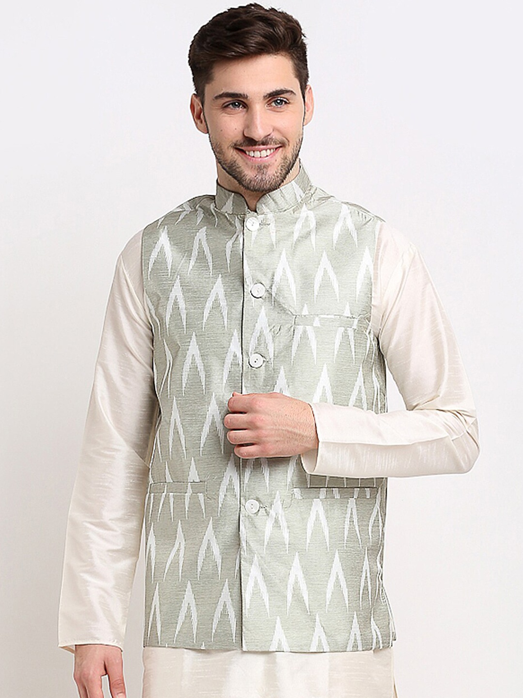 

Jompers Men Grey & White Ikat Print Nehru Jacket