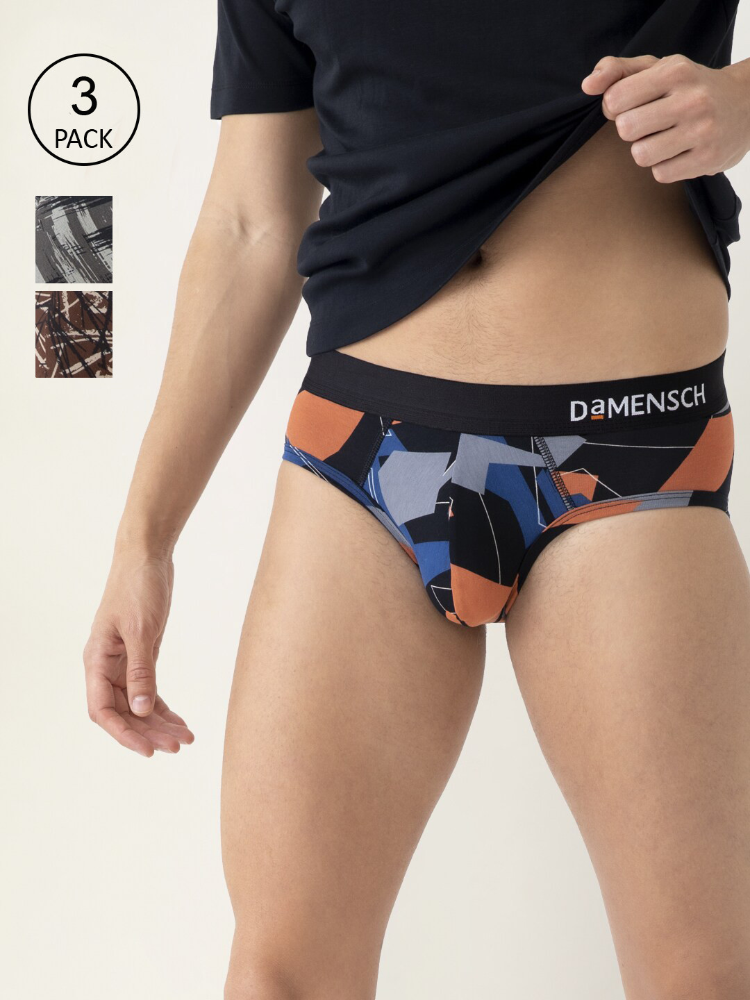 

DAMENSCH Men Pack Of 3 Printed Deo-Soft Basic Briefs, Black