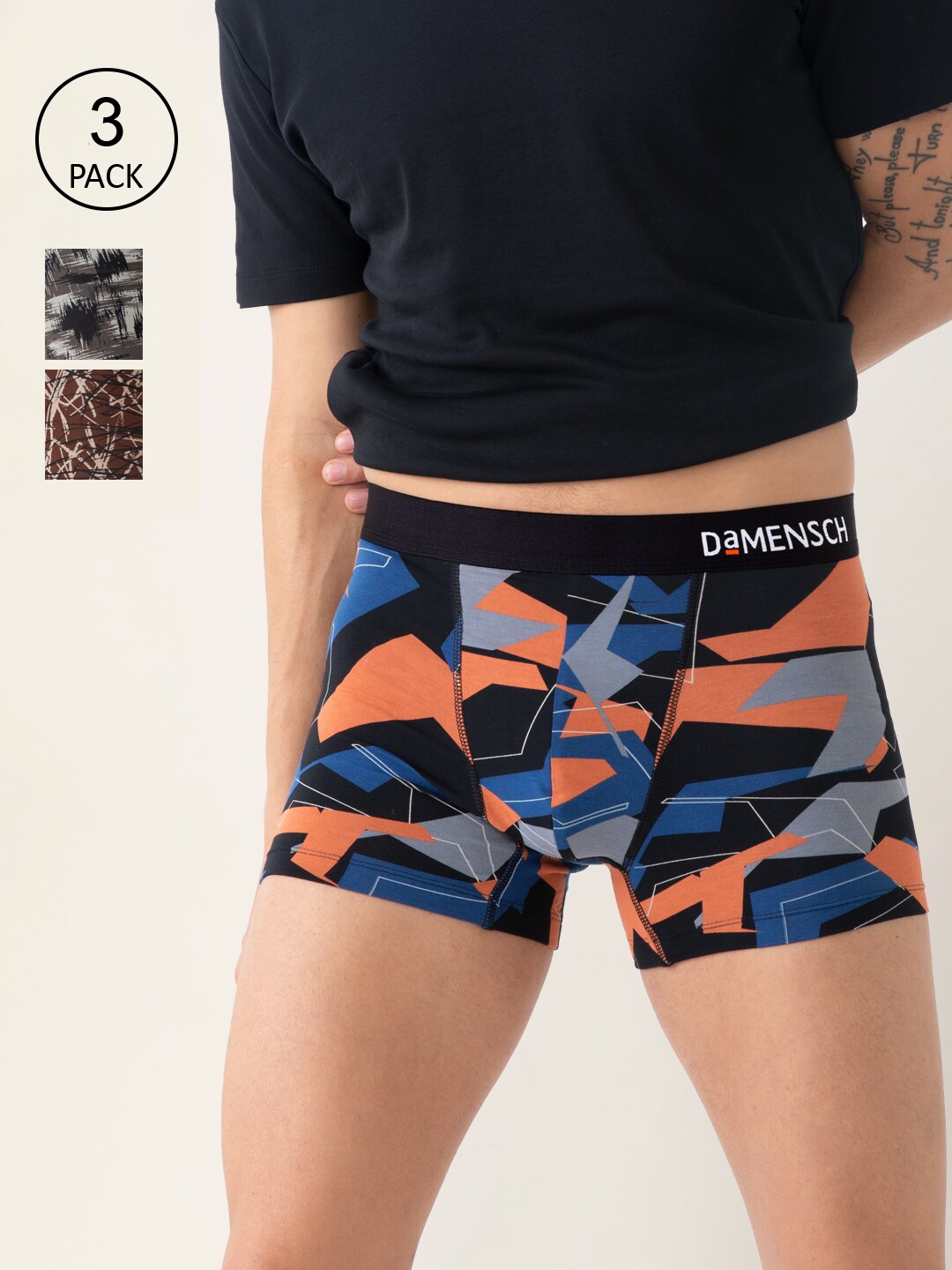 

DAMENSCH Men Pack of 3 Printed DEO-SOFT Trunks DAM-ABS-T-ARG-MYB-CP-PACK-3, Black