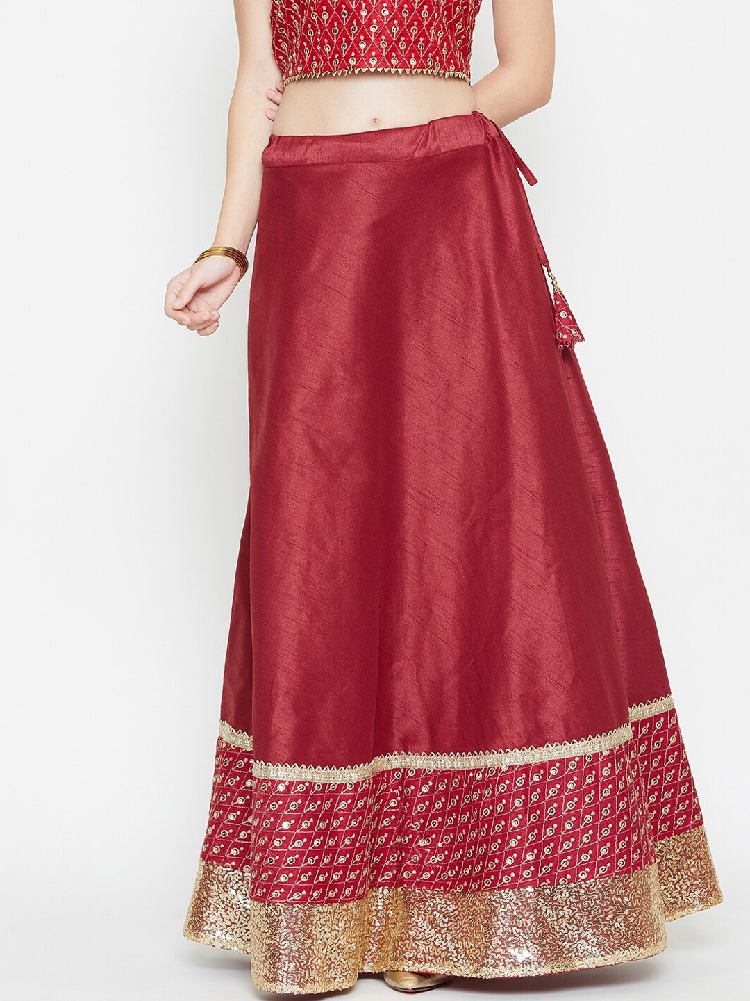 

studio rasa Women Maroon & Gold-Coloured Flared Sequin Embellished Maxi Dupion Skirt