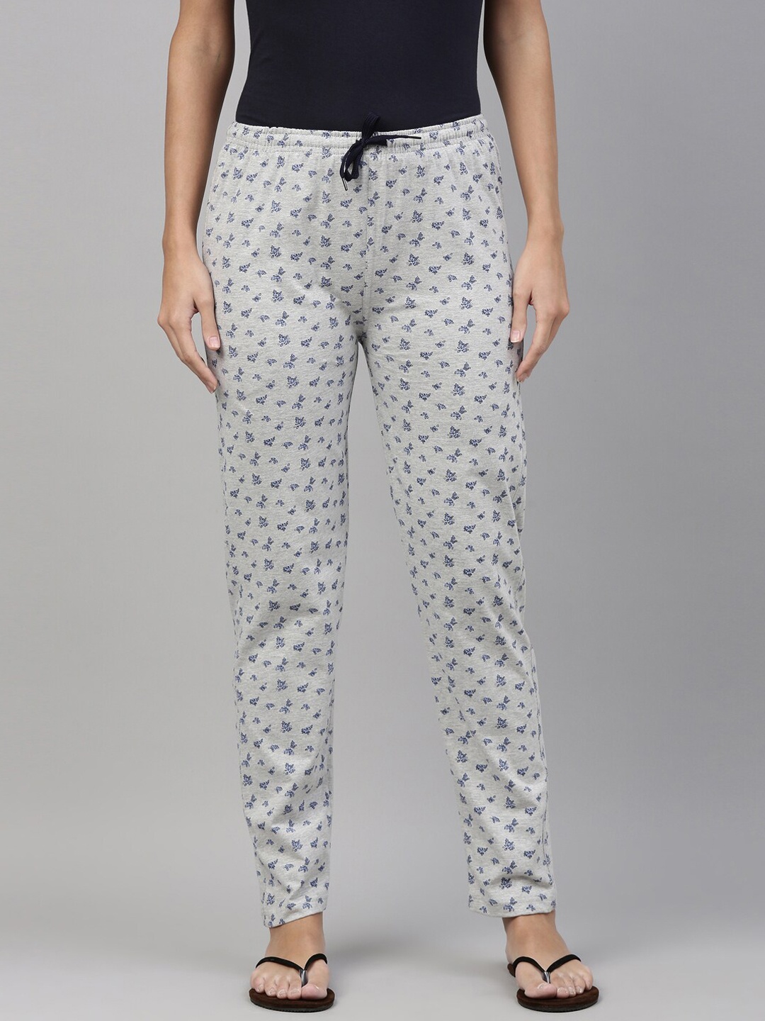 

Kryptic Women Grey Melange & Blue Printed Pure Cotton Lounge Pants