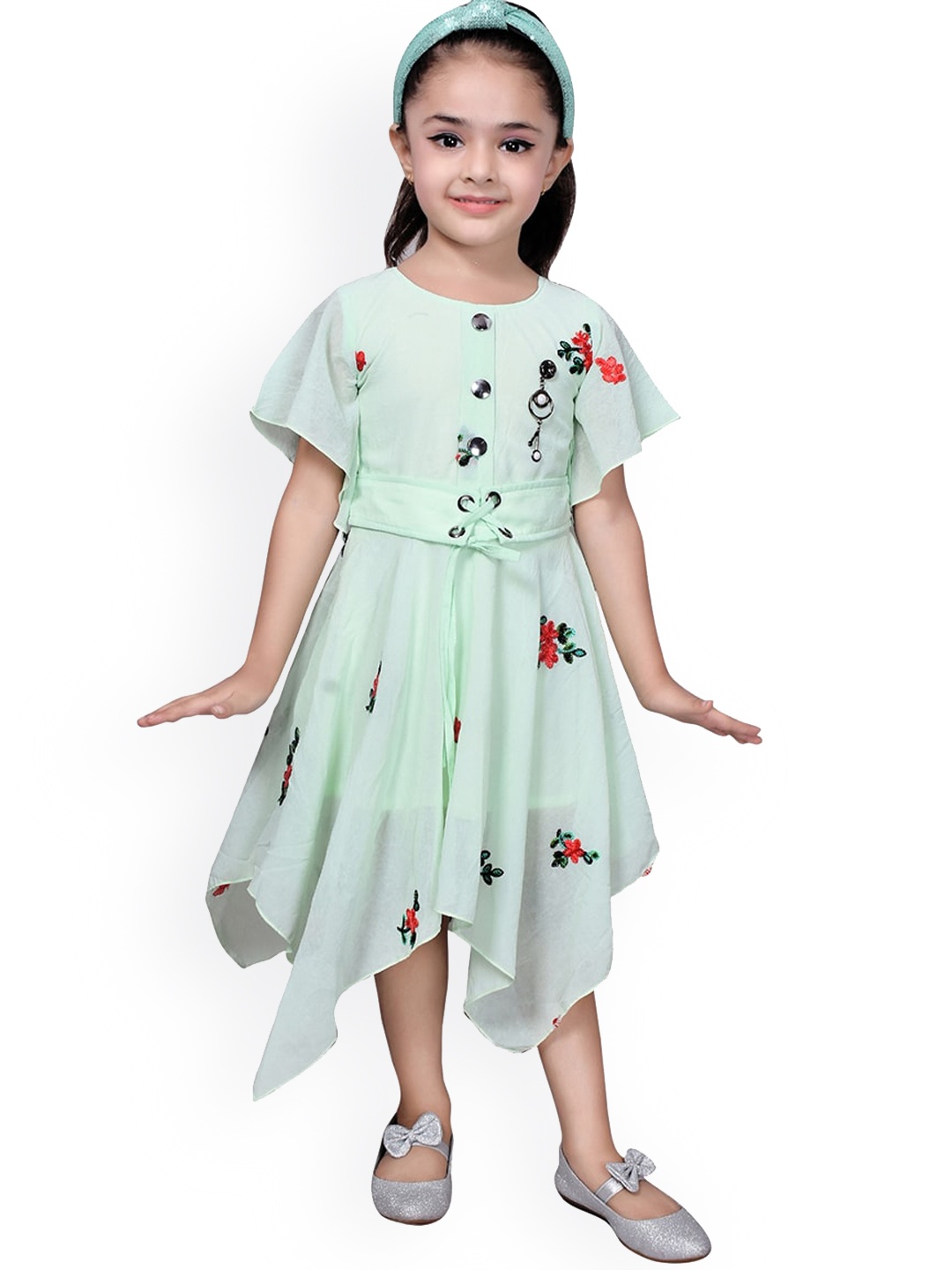 SKY HEIGHTS Green Floral Georgette Midi Dress